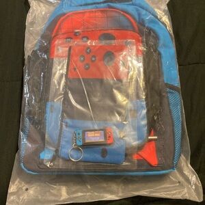 Nintendo Switch style blue and red gaming backpack set
